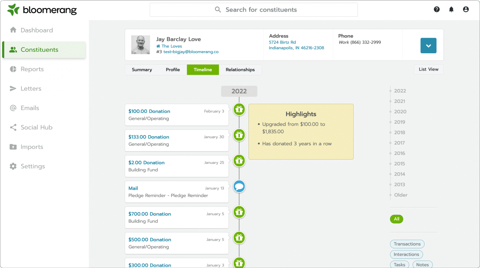 Bloomerang dashboard